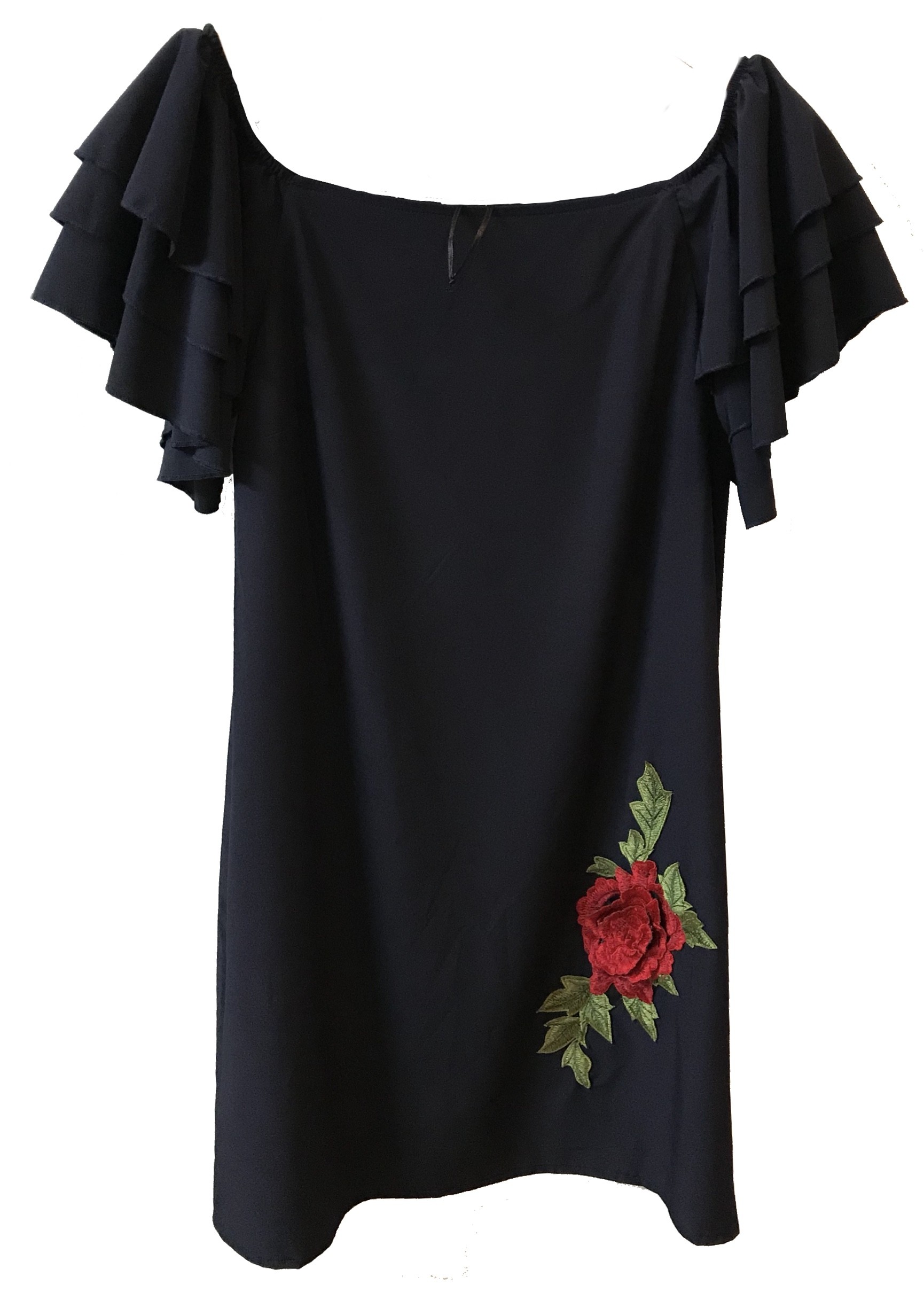 Women’s Embroidery red rose Flower sew on patch Dress navy blue
