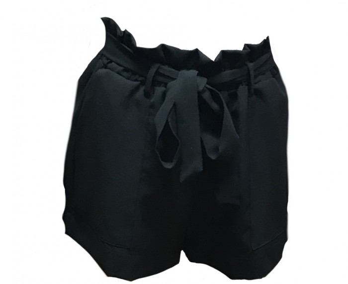 Women’s Ladies Shirred Frill Trim Rolled Hem Shorts Black