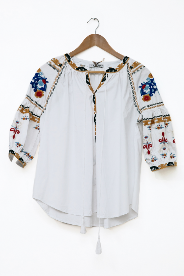 Womens Casual  3/4 Sleeve white Embroidered Tops 