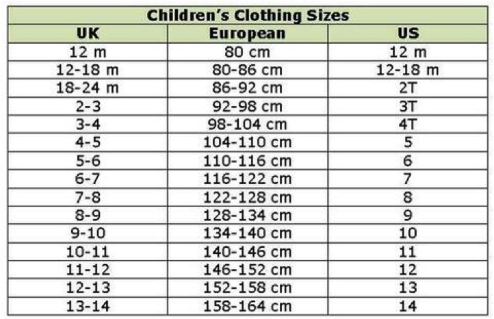 eu children's clothing size conversion